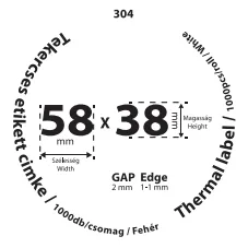 58*38mm címkét tartamazó 40mm belső corra tekercselt 1000 lapot tartalmazó termék melynek GAP=2mm EDGE=1mm. A tekercs átmérője 93mm