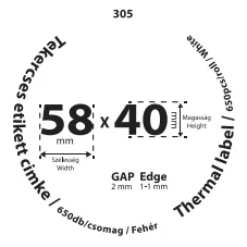 58*40mm címkét tartamazó 40mm belső corra tekercselt 650 lapot tartalmazó termék melynek GAP=2mm EDGE=1mm. A tekercs átmérője 82mm