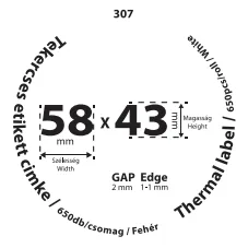58*43mm címkét tartamazó 40mm belső corra tekercselt 650 lapot tartalmazó termék melynek GAP=2mm EDGE=1mm. A tekercs átmérője 83mm