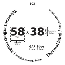 58*38mm címkét tartamazó 40mm belső corra tekercselt 500 lapot tartalmazó termék melynek GAP=2mm EDGE=1mm. A tekercs átmérője 74mm