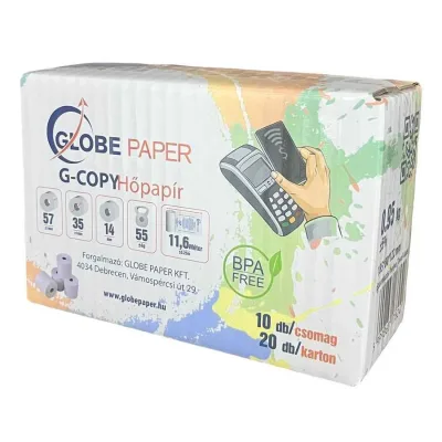 57*35 mm ( 55 gr) 14-17mm core 55 gr. 11,6 méter  BANKKÁRTYA TERMINÁL  ( POS) és PÉNZTÁRGÉP szalag EGYEDI 20 ROLL/ DOBOZ kiszereléssel