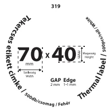 70*40mm címkét tartamazó 40mm belső corra tekercselt 500 lapot tartalmazó termék melynek GAP=2mm EDGE=1mm. A tekercs átmérője 75mm