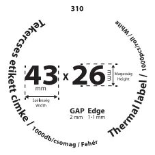 43*26mm címkét tartamazó 40mm belső corra tekercselt 1000 lapot tartalmazó termék melynek GAP=2mm EDGE=1mm. A tekercs átmérője 82mm