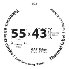 55*43mm címkét tartamazó 40mm belső corra tekercselt 1000 lapot tartalmazó termék melynek GAP=2mm EDGE=1mm. A tekercs átmérője 98mm