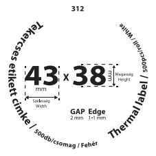 43*38mm címkét tartamazó 40mm belső corra tekercselt 500 lapot tartalmazó termék melynek GAP=2mm EDGE=1mm. A tekercs átmérője 74mm