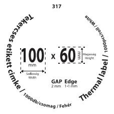 100*60mm címkét tartamazó 40mm belső corra tekercselt 1000 lapot tartalmazó termék melynek GAP=2mm EDGE=1mm. A tekercs átmérője 111mm