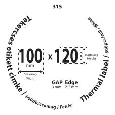 100*120mm címkét tartamazó 40mm belső corra tekercselt 600 lapot tartalmazó termék melynek GAP=3mm EDGE=2mm. A tekercs átmérője 120mm