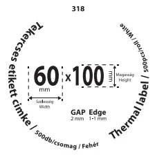 60*100mm címkét tartamazó 40mm belső corra tekercselt 500 lapot tartalmazó termék melynek GAP=2mm EDGE=1mm. A tekercs átmérője 103mm