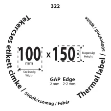100*150mm címkét tartamazó 40mm belső corra tekercselt 500 lapot tartalmazó termék melynek GAP=2mm EDGE=2mm. A tekercs átmérője 120mm