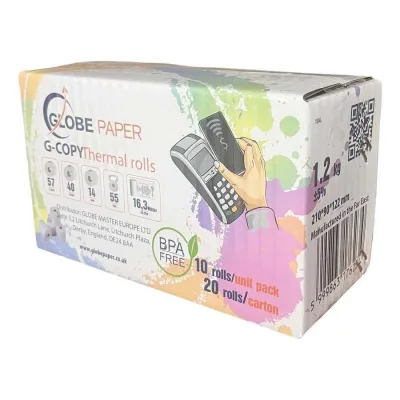 57*40 mm ( 48 gr) 14-17mm core  16,3 méter BANKKÁRTYA TERMINÁL ( POS) és PÉNZTÁRGÉP szalag EGYEDI 20 ROLL/ DOBOZ kiszereléssel